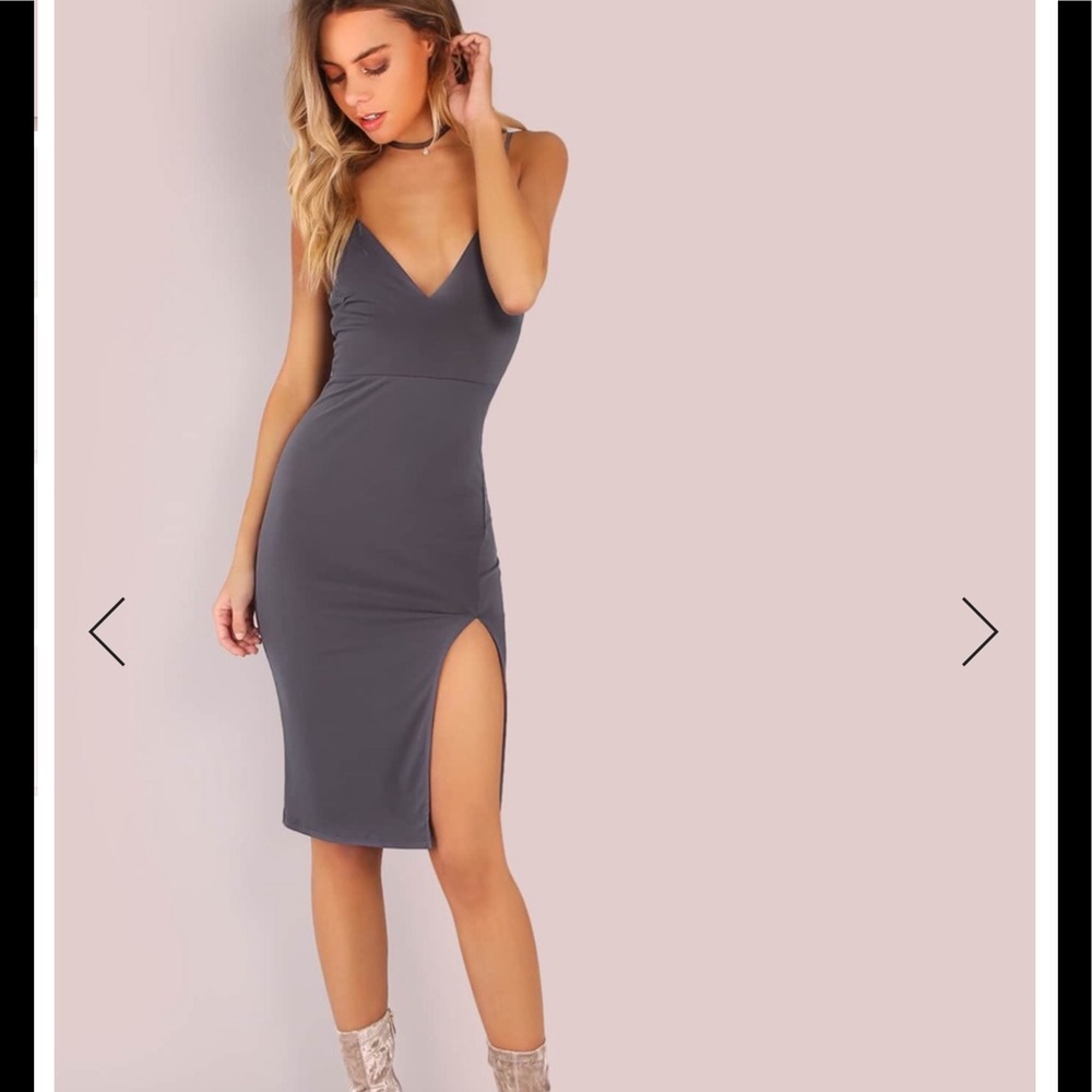 V Neckline Low Back Slit Side Dress